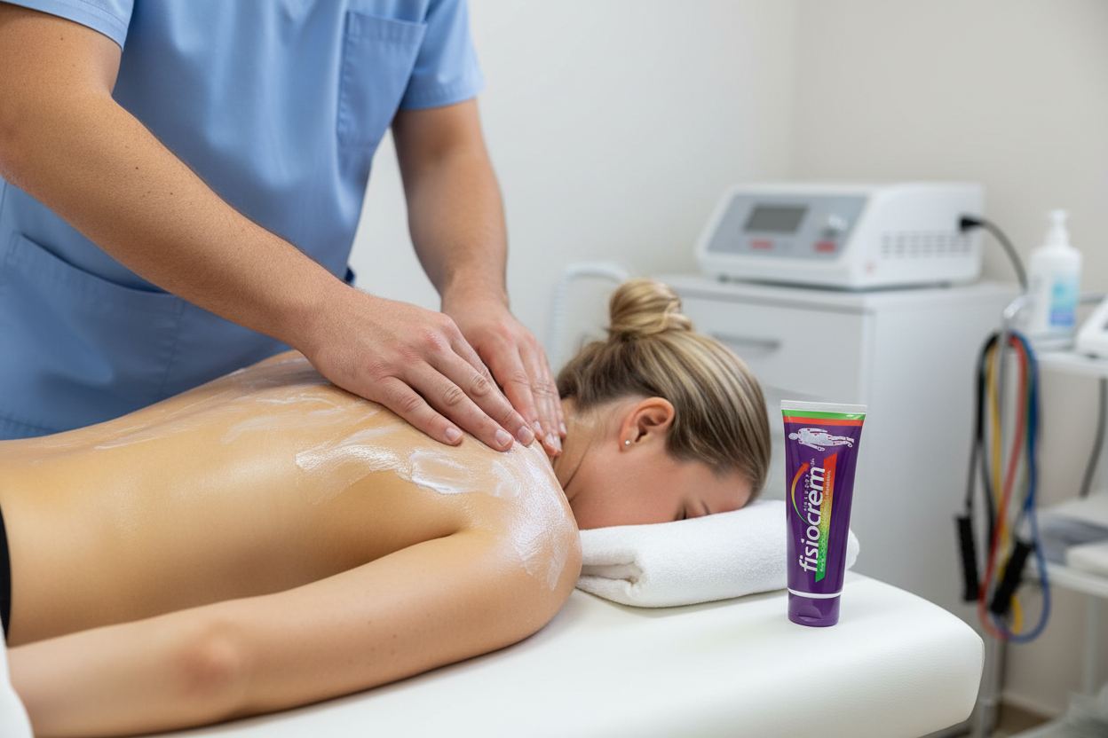 Massagem de fisioterapia com Fisiocrem na zona do pescoço