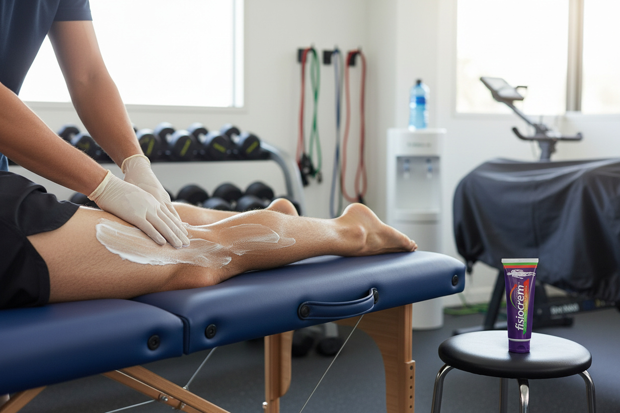Massagem desportiva com creme branco nos músculos da perna