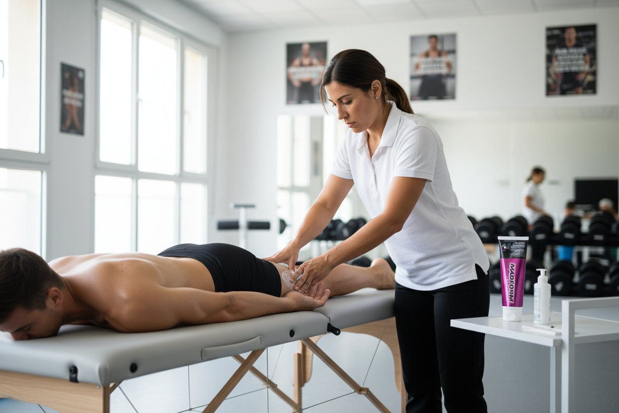 Massagem profissional com creme MADFORM em atleta de alto rendimento